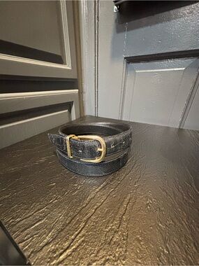 Moreschi Classic Black Men's Ostrichleg Belt with Gold Buckle.
